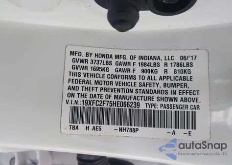 2017 Honda Civic Ex z USA, uszkodzony, nr VIN 19XFC2F75HE066239